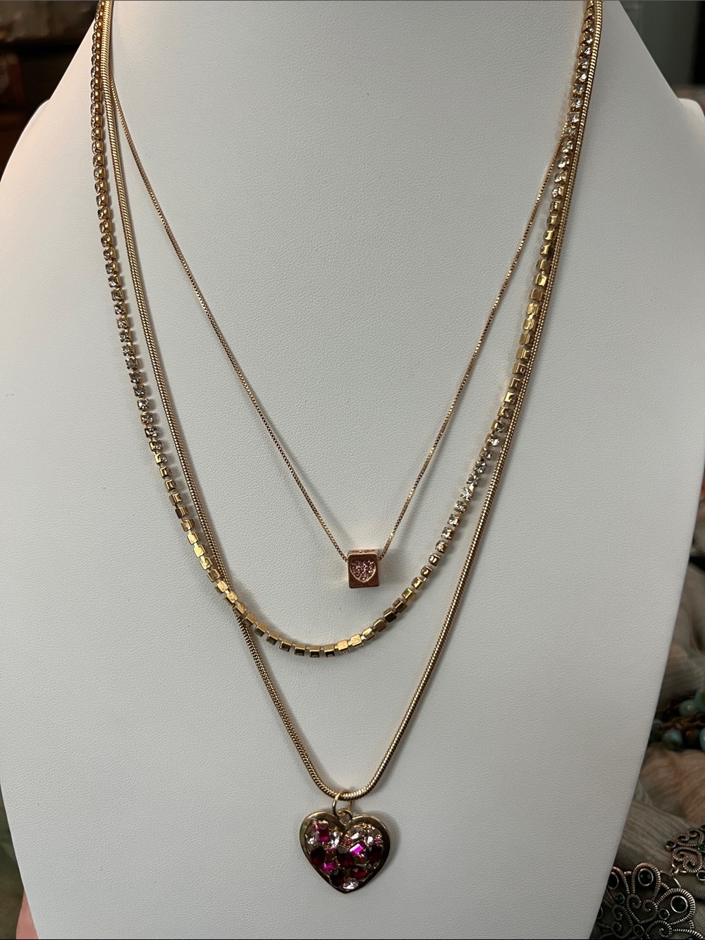 Paparazzi Gold Multi-Layer Heart Pendant Necklace with Pink Gem Accents
